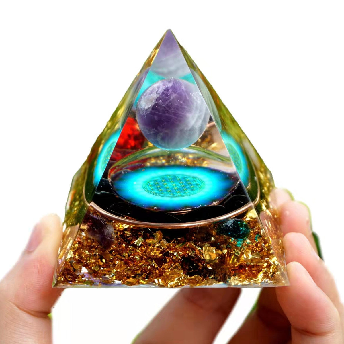 Amethyst Crystal Sphere Orgone Pyramid with Obsidian Red Rose Blue