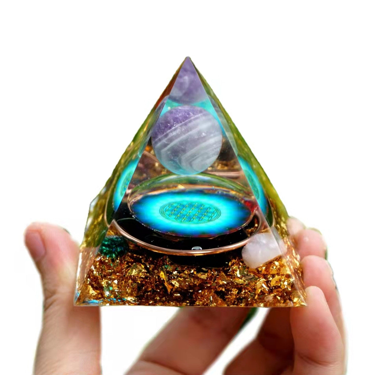 Amethyst Crystal Sphere Orgone Pyramid with Obsidian Red Rose Blue Quartz Copper Energy Healing Orgonite Collection