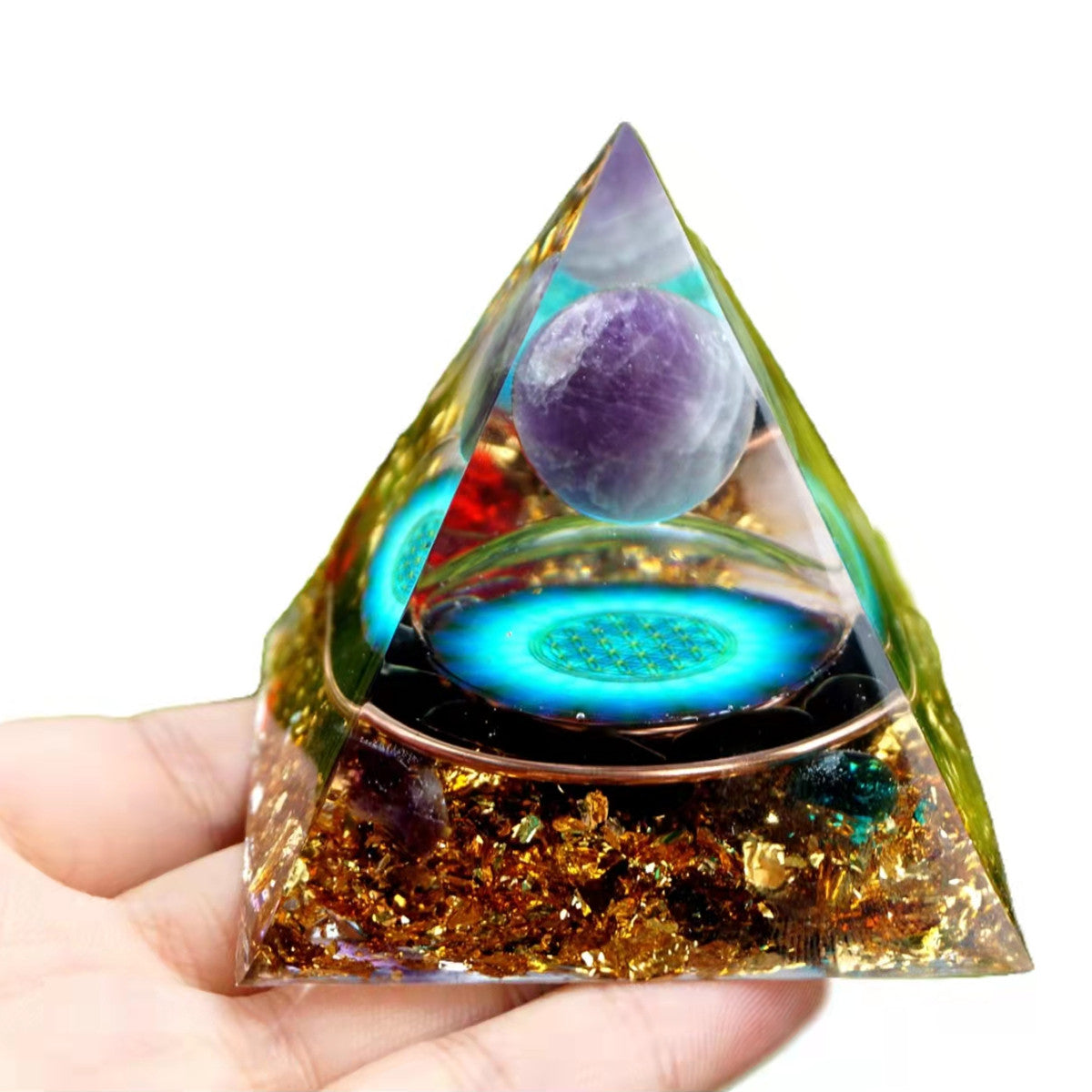 Amethyst Crystal Sphere Orgone Pyramid with Obsidian Red Rose Blue Quartz Copper Energy Healing Orgonite Collection