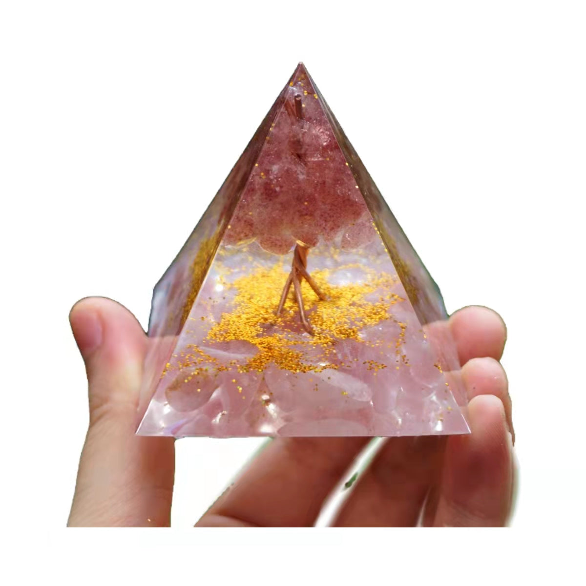 Tree of Life Orgone Pyramid Strawberry Quartz with Rose Crystal Healing Orgonite Energy Chakra Reiki