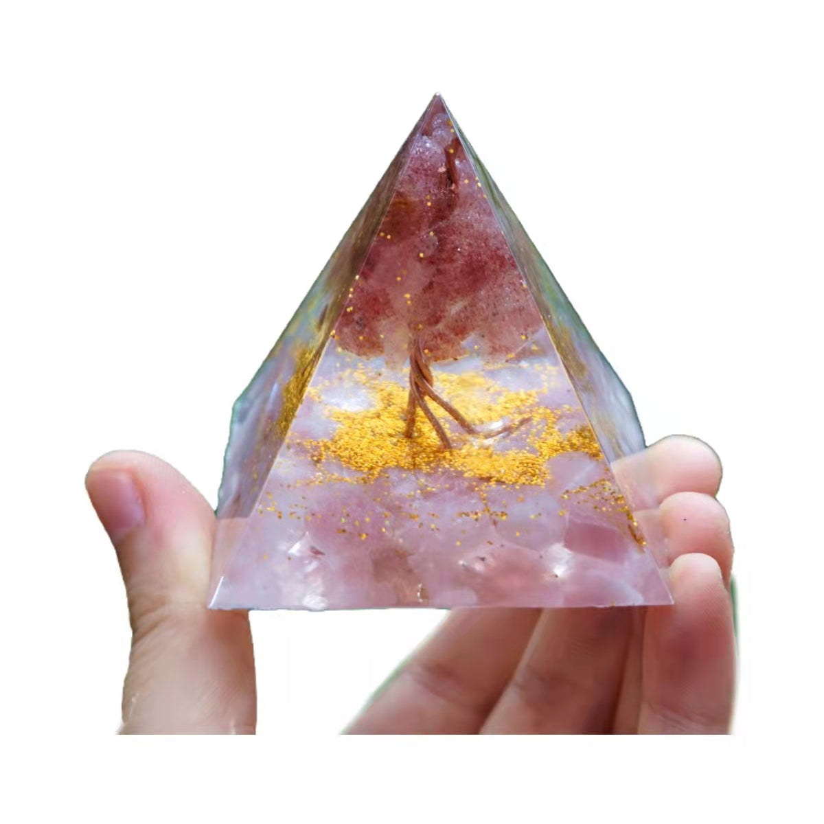 Tree of Life Orgone Pyramid Strawberry Quartz with Rose Crystal Healing Orgonite Energy Chakra Reiki