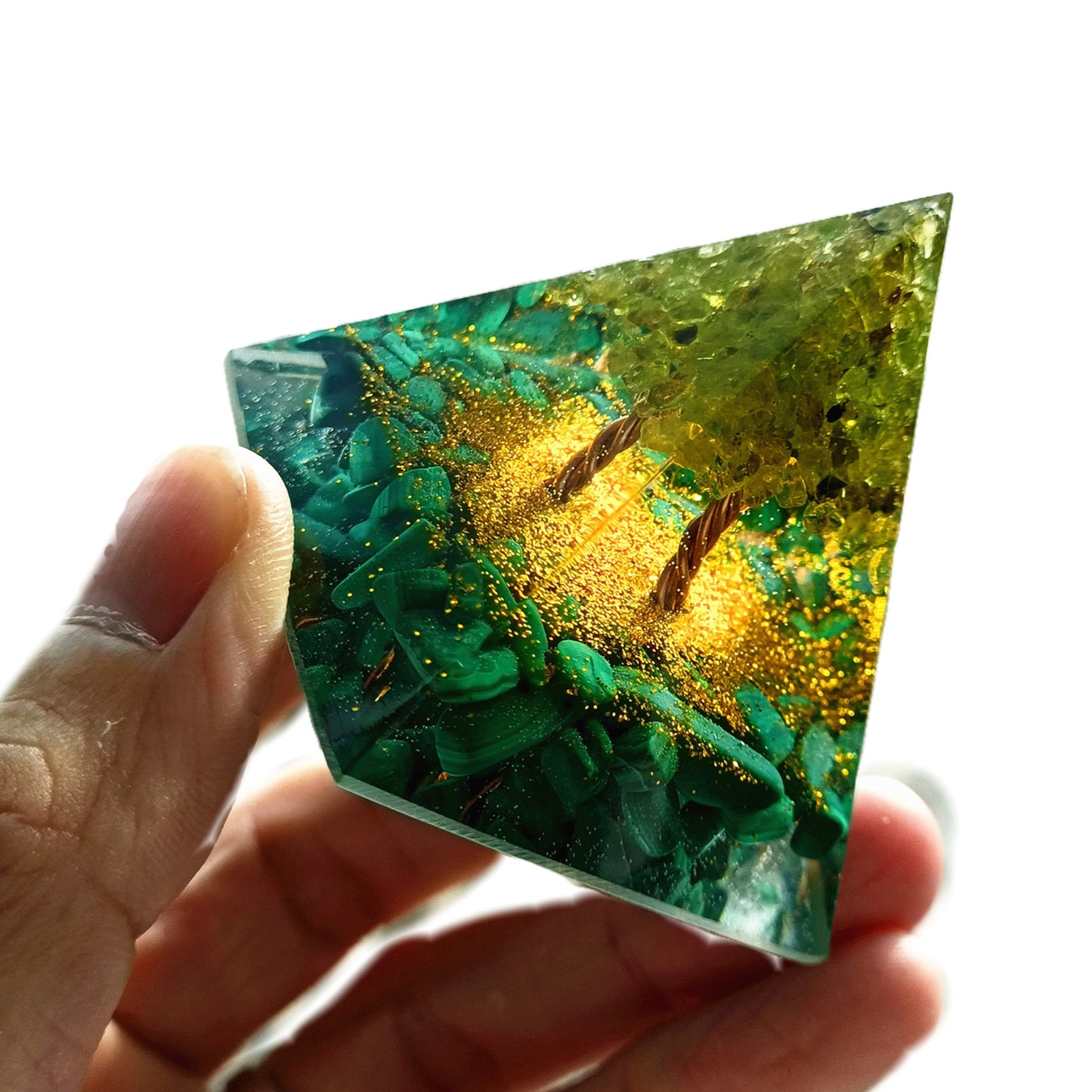 Handmade Tree of Life Orgonite Pyramid Peridot & Malachite Crystal Healing Energy Orgone Collection - Besorgone