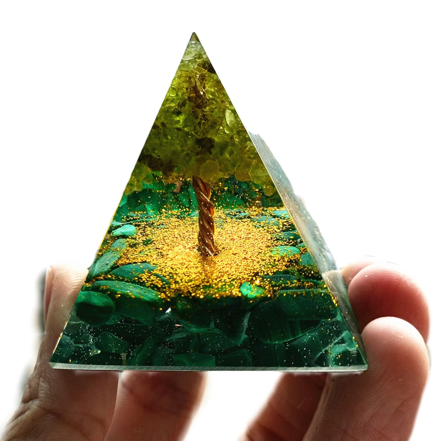 Handmade Tree of Life Orgonite Pyramid Peridot & Malachite Crystal Healing Energy Orgone Collection - Besorgone