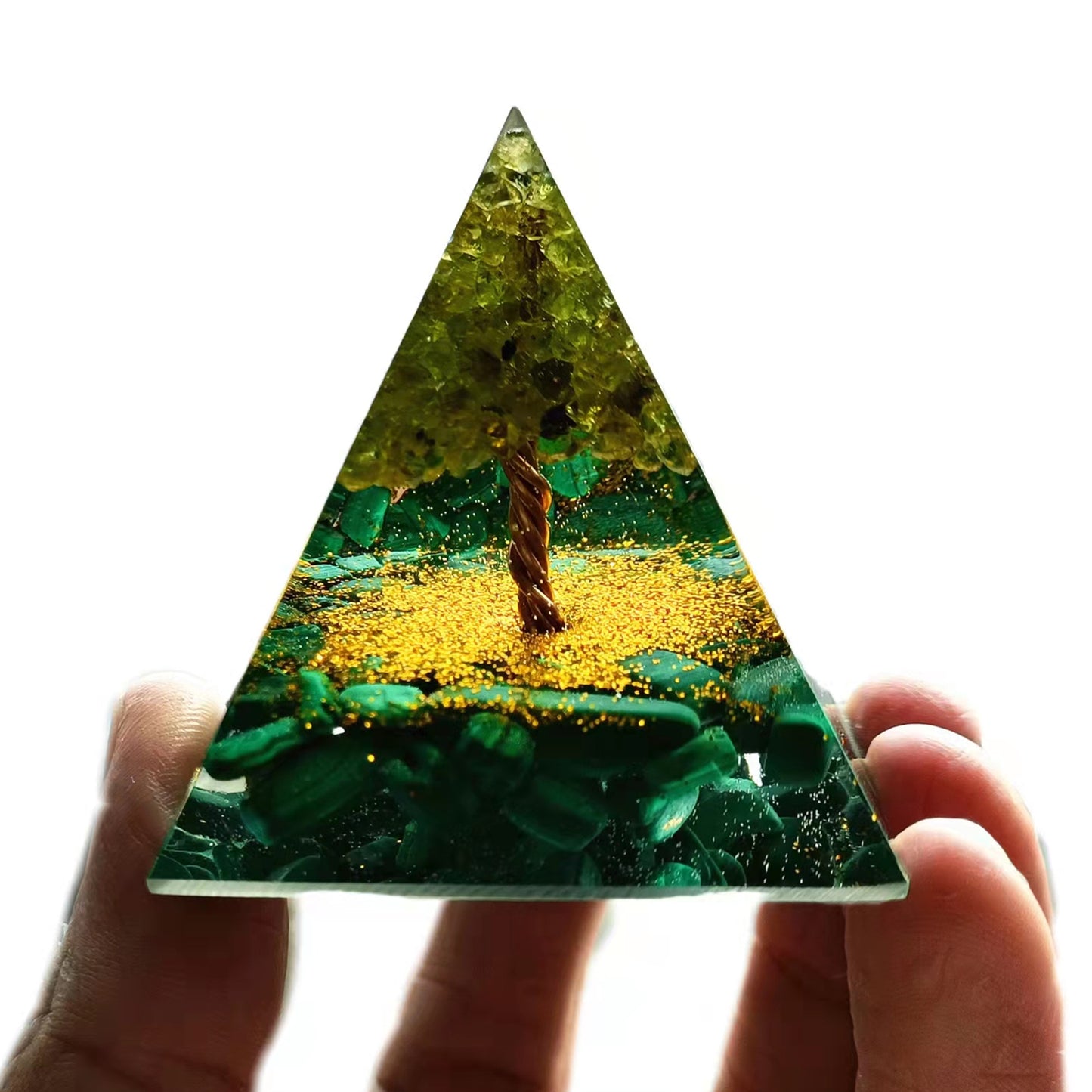 Handmade Tree of Life Orgonite Pyramid Peridot & Malachite Crystal Healing Energy Orgone Collection - Besorgone