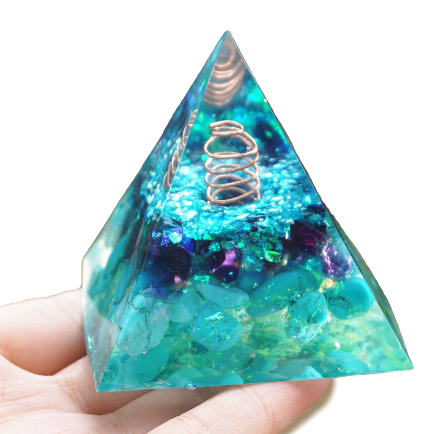 White Quartz Pillar Orgonite Pyramid with Amethyst Turquoise Crystal Healing Reiki Energy Orgone