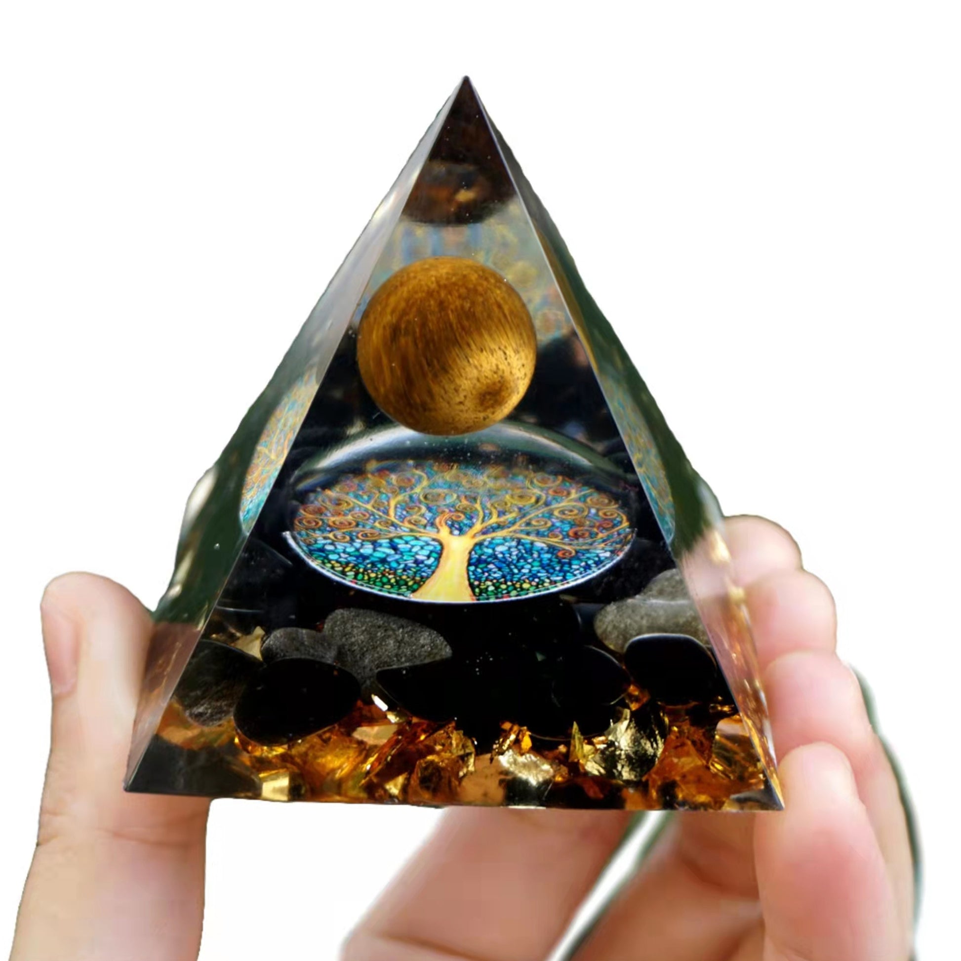 Tiger Eye Sphere Orgonite Pyramid with Obsidian Crystal Stone Energy Healing Orgone - Besorgone