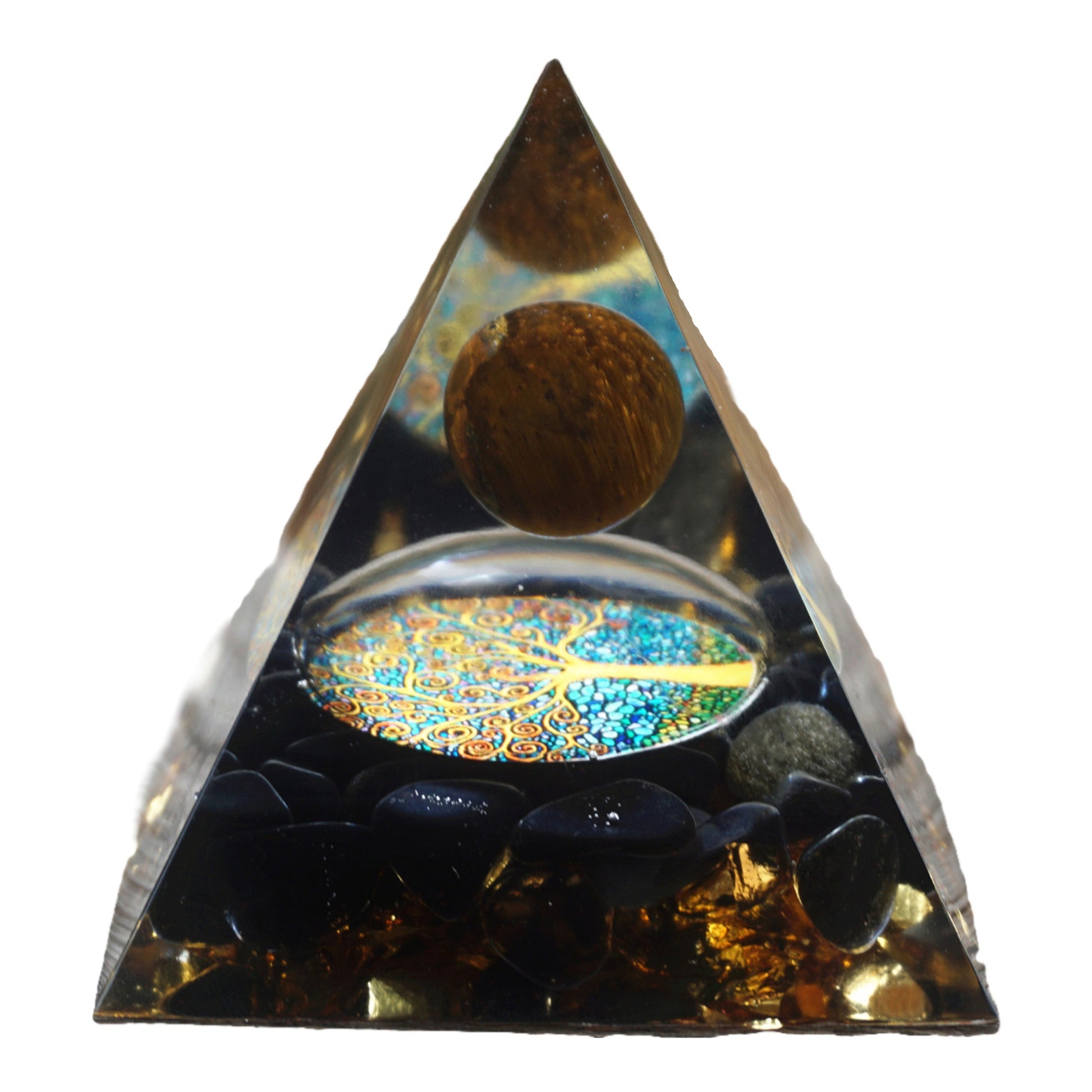 Tiger Eye Sphere Orgonite Pyramid with Obsidian Crystal Stone Energy Healing Orgone - Besorgone