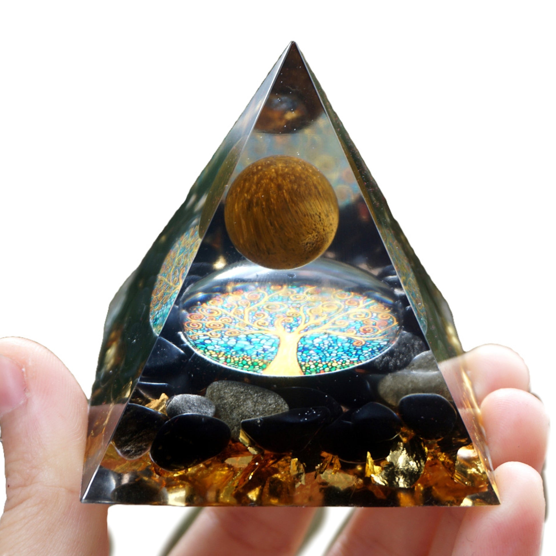 Tiger Eye Sphere Orgonite Pyramid with Obsidian Crystal Stone Energy Healing Orgone - Besorgone