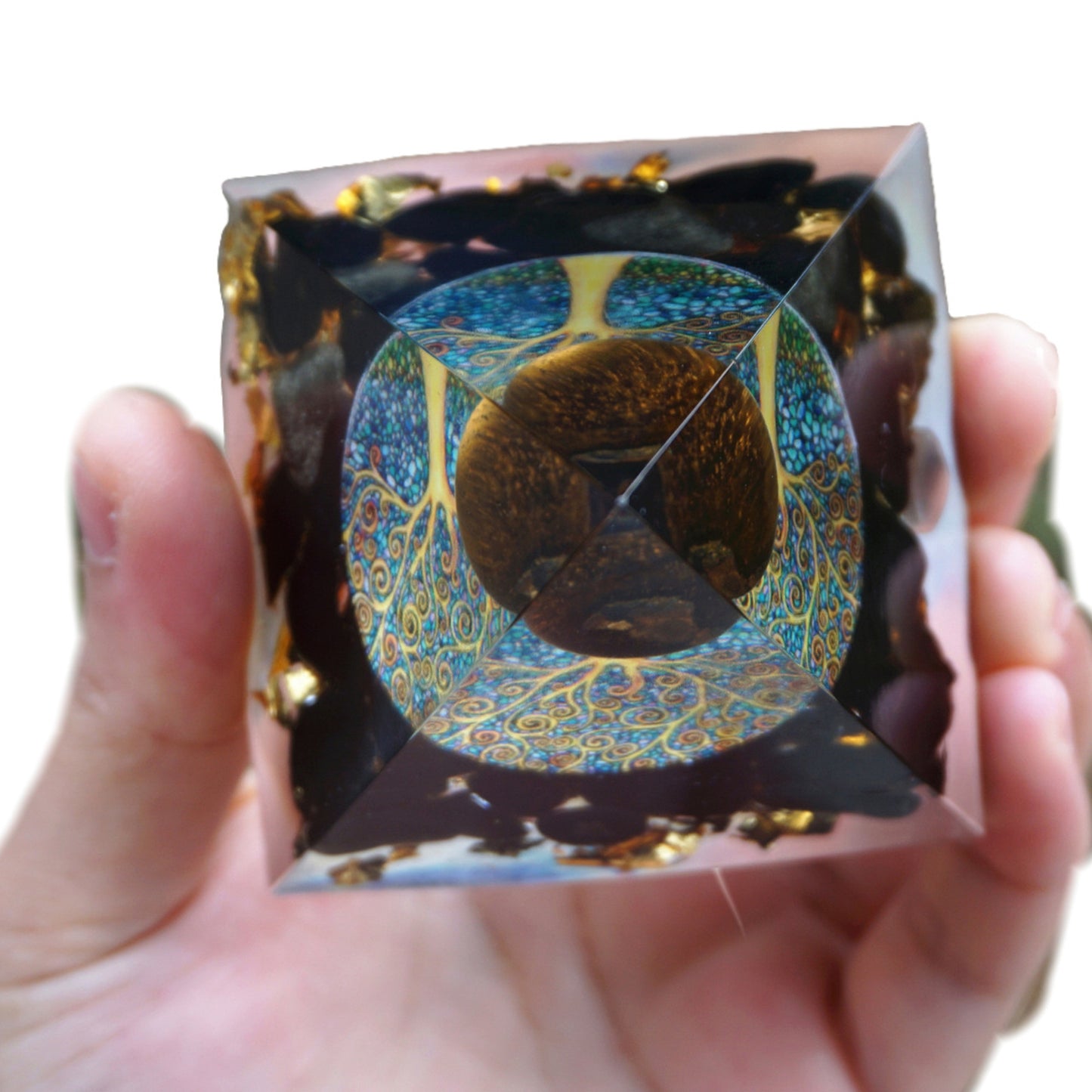 Tiger Eye Sphere Orgonite Pyramid with Obsidian Crystal Stone Energy Healing Orgone - Besorgone