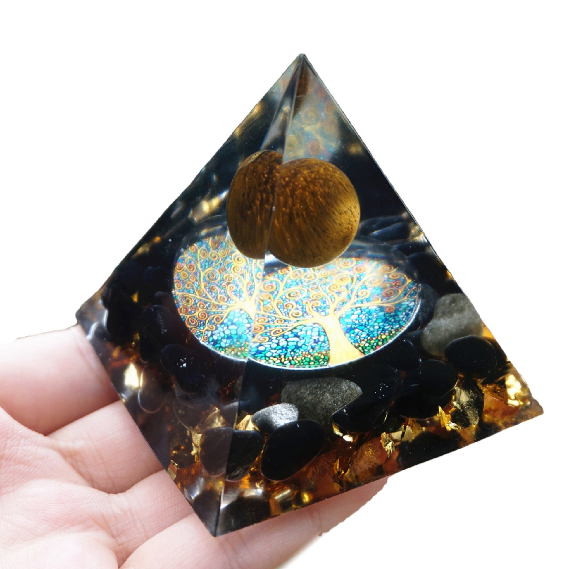 Tiger Eye Sphere Orgonite Pyramid with Obsidian Crystal Stone Energy Healing Orgone - Besorgone