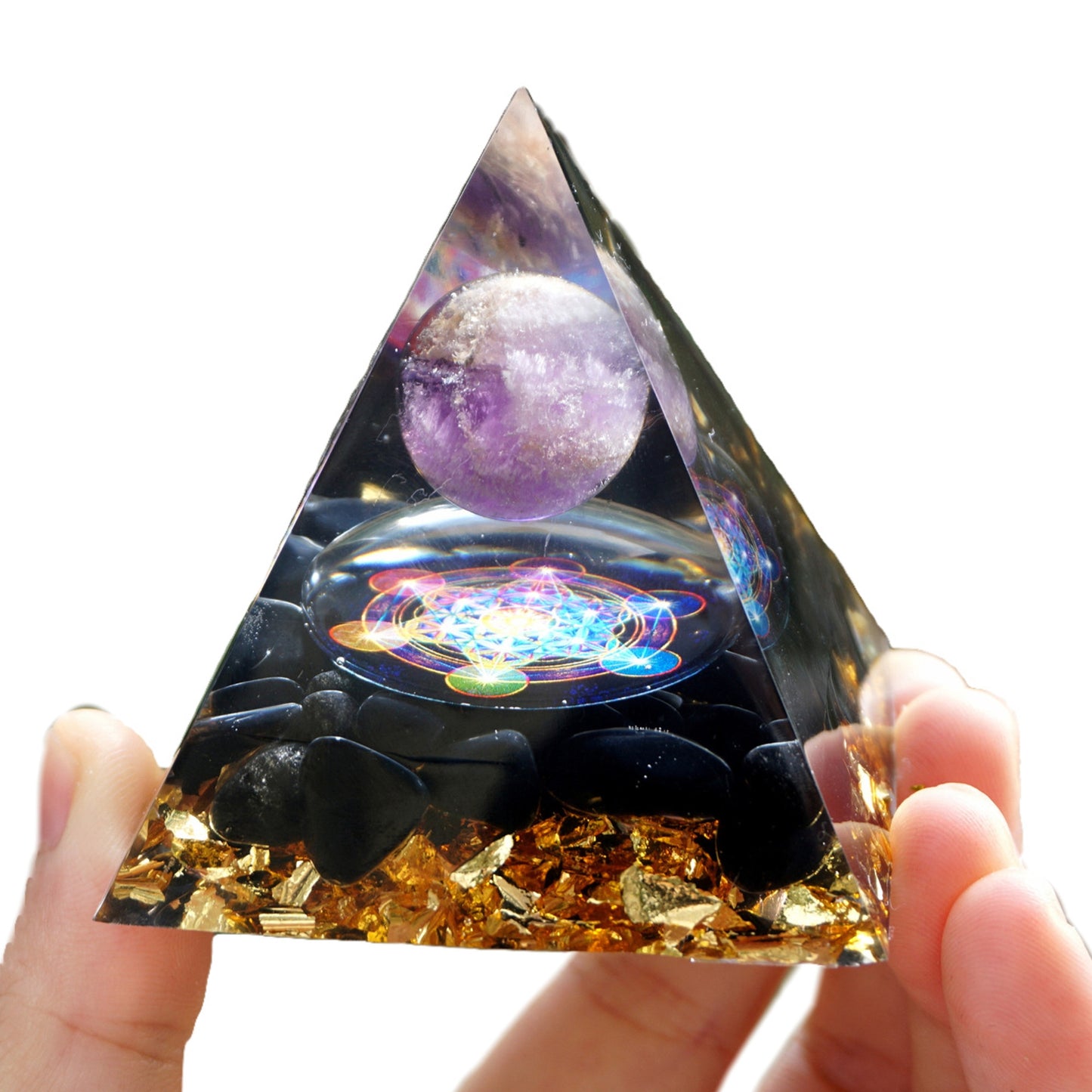 Amethyst Sphere Orgonite Pyramid with Obsidian Crystal Healing Reiki Energy Chakra Orgone Collection