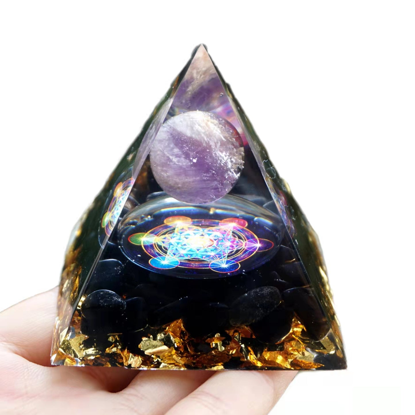 Amethyst Sphere Orgonite Pyramid with Obsidian Crystal Healing Reiki Energy Chakra Orgone Collection