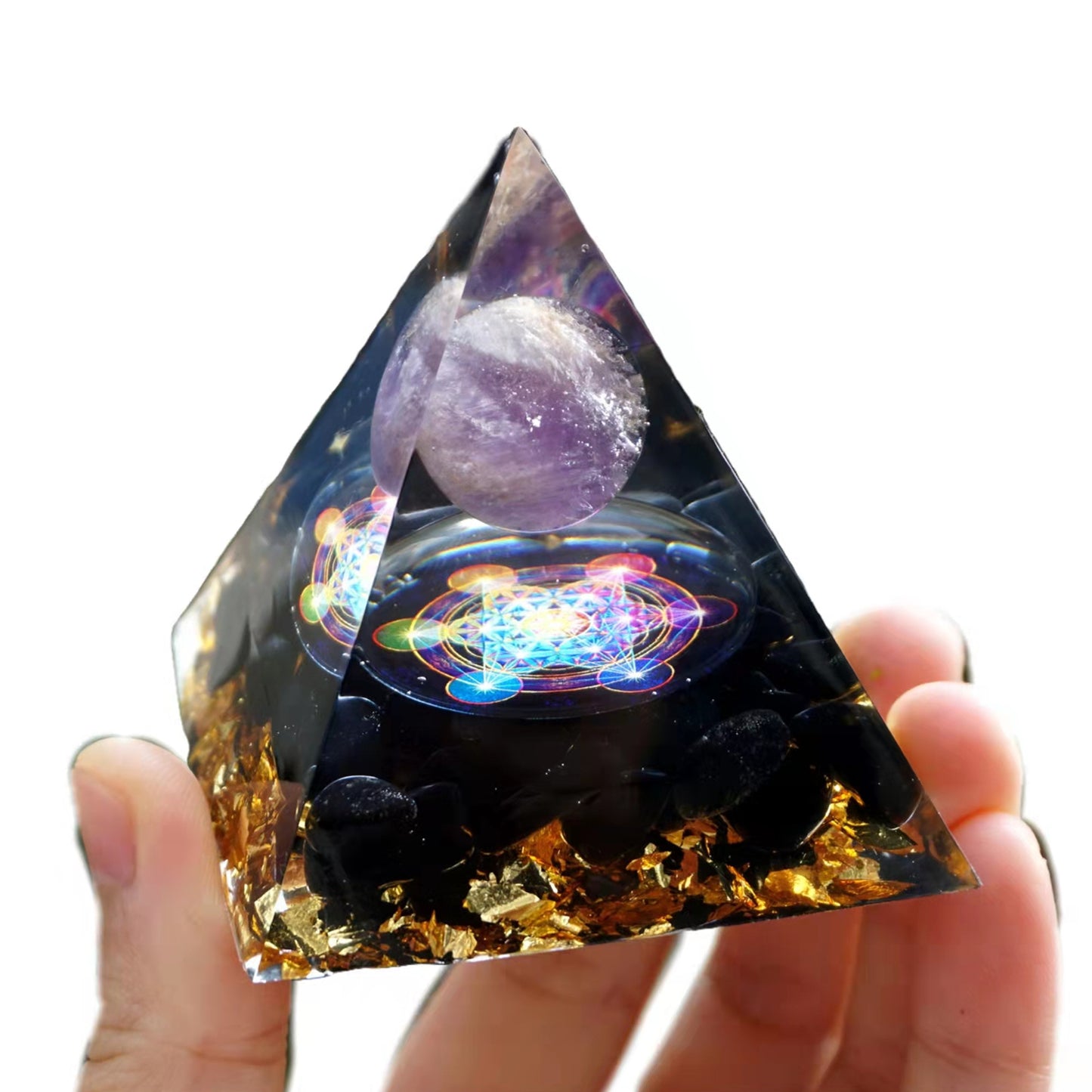 Amethyst Sphere Orgonite Pyramid with Obsidian Crystal Healing Reiki Energy Chakra Orgone Collection