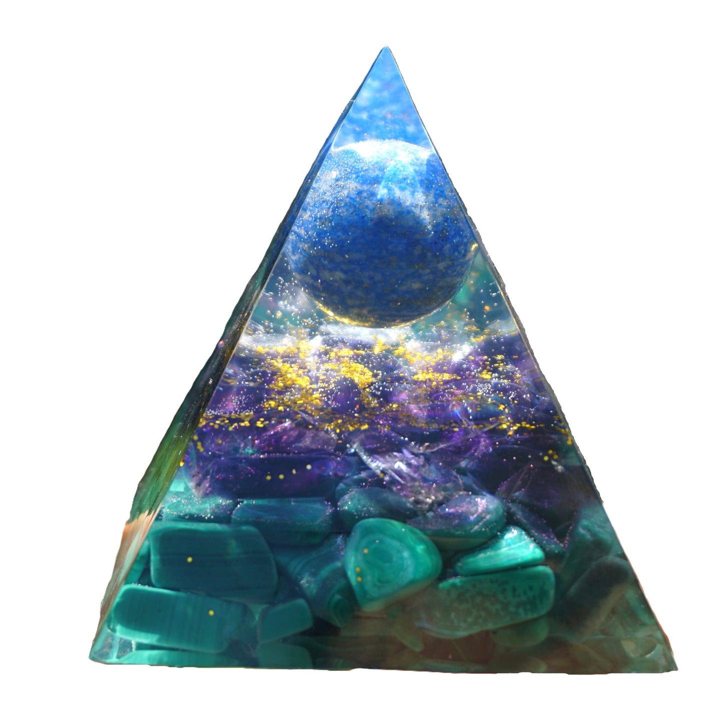 Lapis Lazuli Sphere Orgone Pyramid with Amethyst Malachite Crystal Healing Energy Orgonite Pyramide - Besorgone