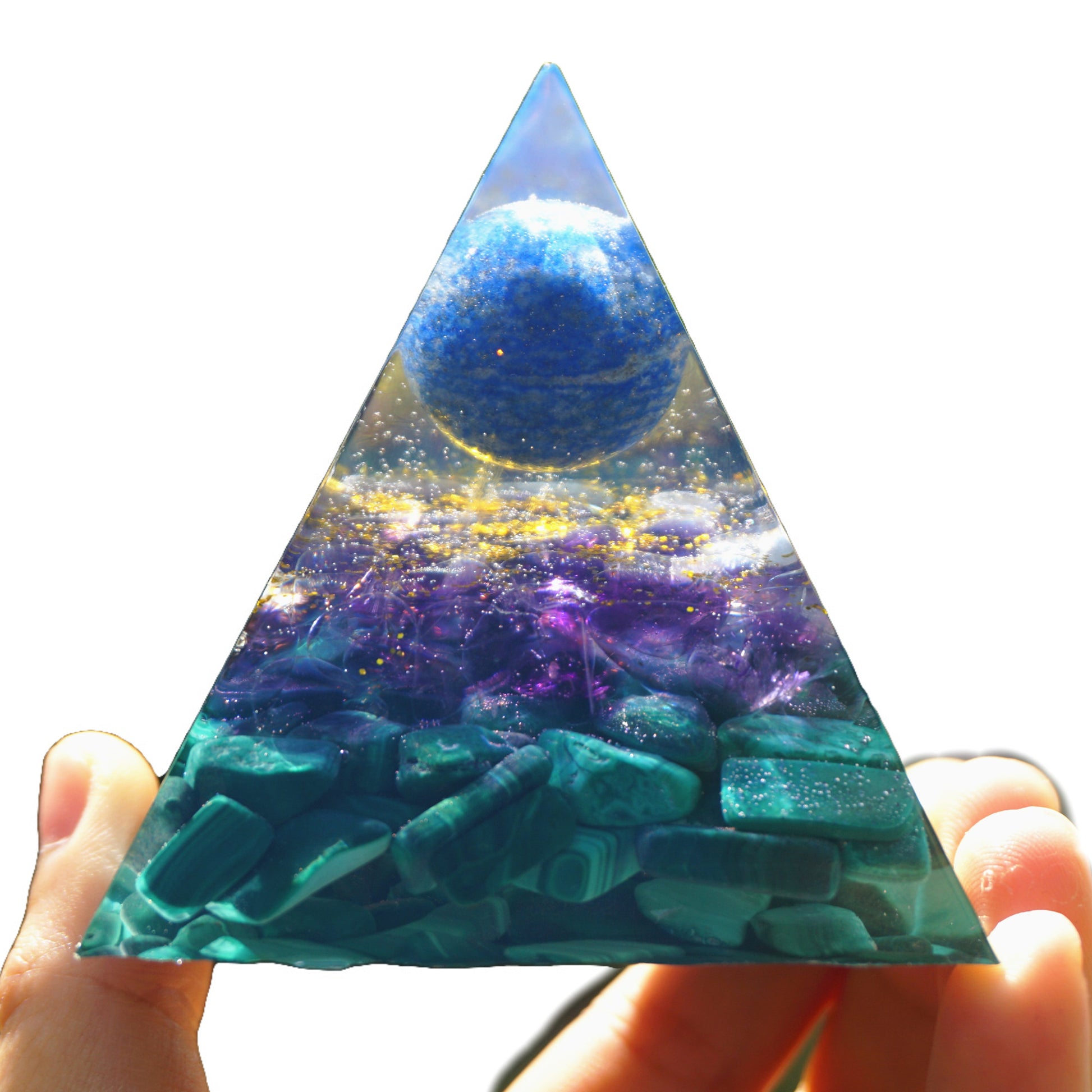 Lapis Lazuli Sphere Orgone Pyramid with Amethyst Malachite Crystal Healing Energy Orgonite Pyramide - Besorgone