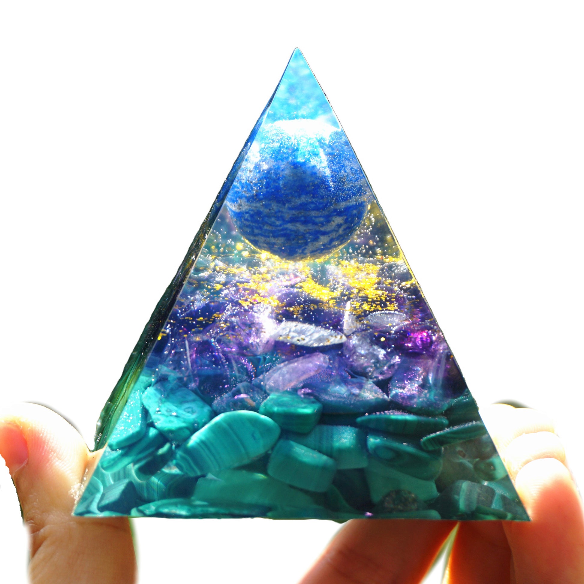 Lapis Lazuli Sphere Orgone Pyramid with Amethyst Malachite Crystal Healing Energy Orgonite Pyramide - Besorgone