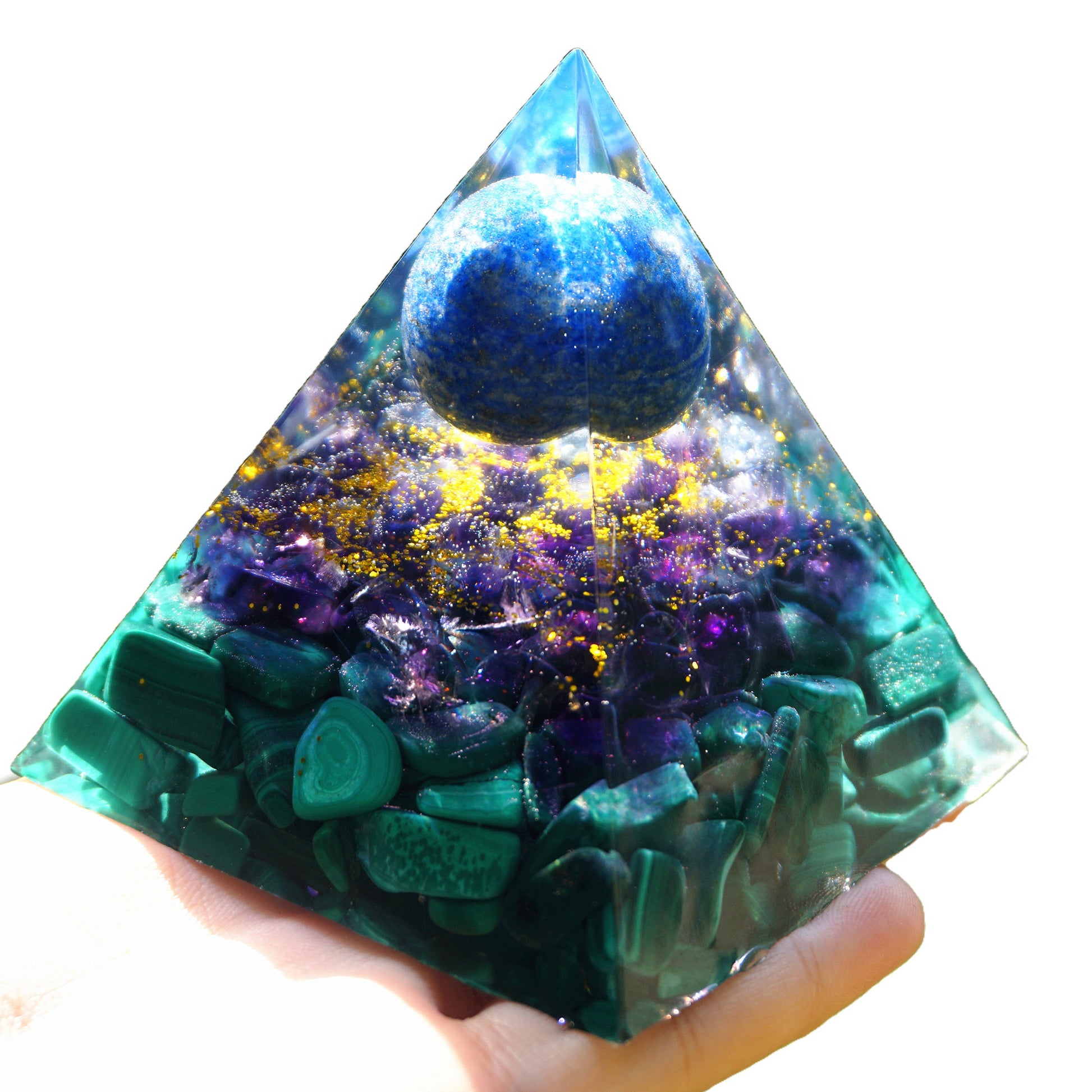 Lapis Lazuli Sphere Orgone Pyramid with Amethyst Malachite Crystal Healing Energy Orgonite Pyramide - Besorgone