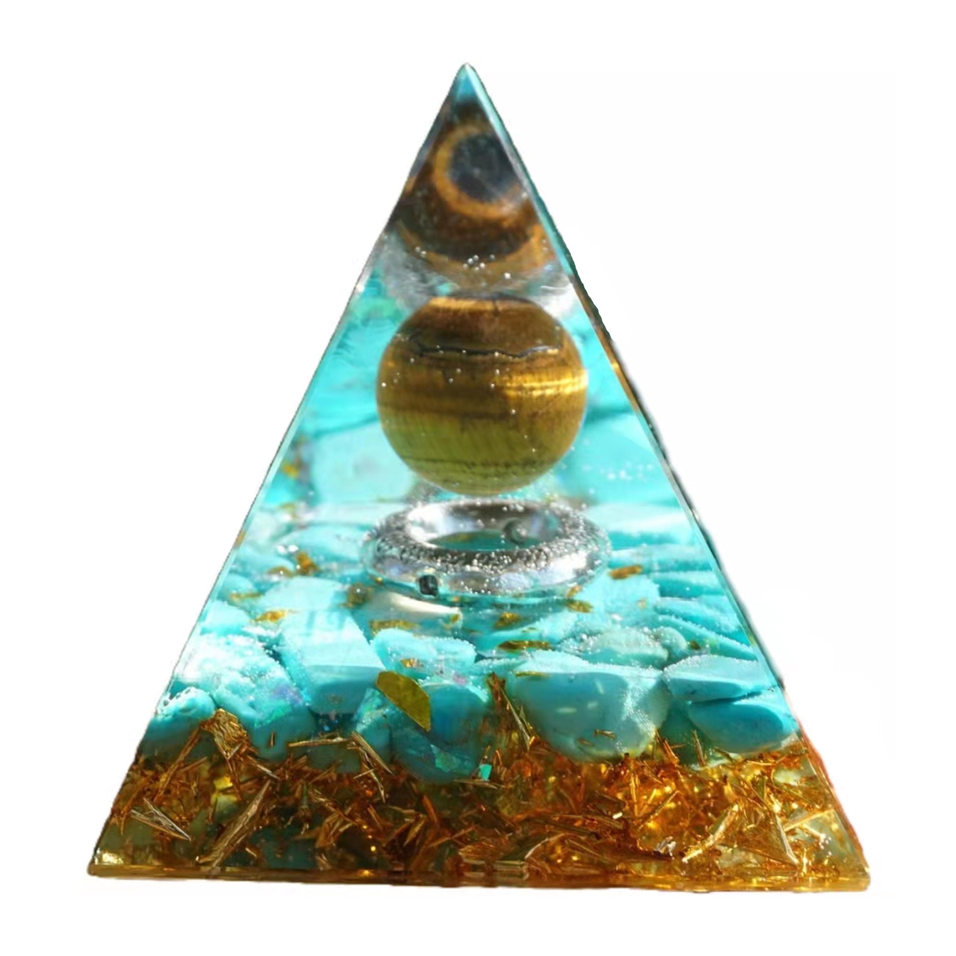 Tiger Eye Sphere Orgone Pyramid with Turquoise Crystal Energy Healing Reiki Chakra Orgonite Pyramide - Besorgone