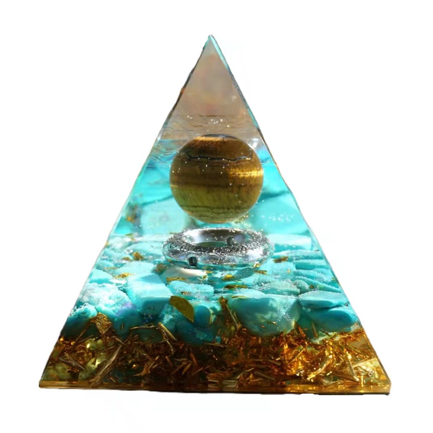 Tiger Eye Sphere Orgone Pyramid with Turquoise Crystal Energy Healing Reiki Chakra Orgonite Pyramide - Besorgone