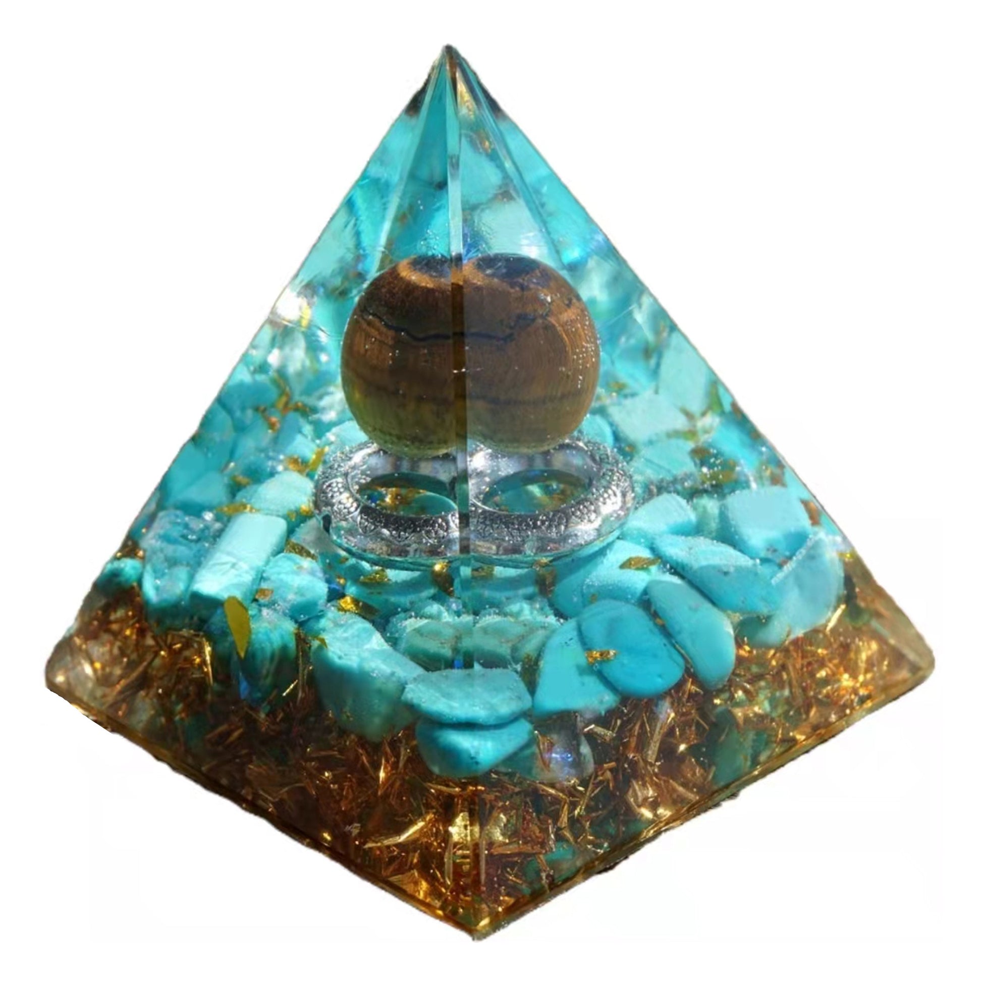 Tiger Eye Sphere Orgone Pyramid with Turquoise Crystal Energy Healing Reiki Chakra Orgonite Pyramide - Besorgone