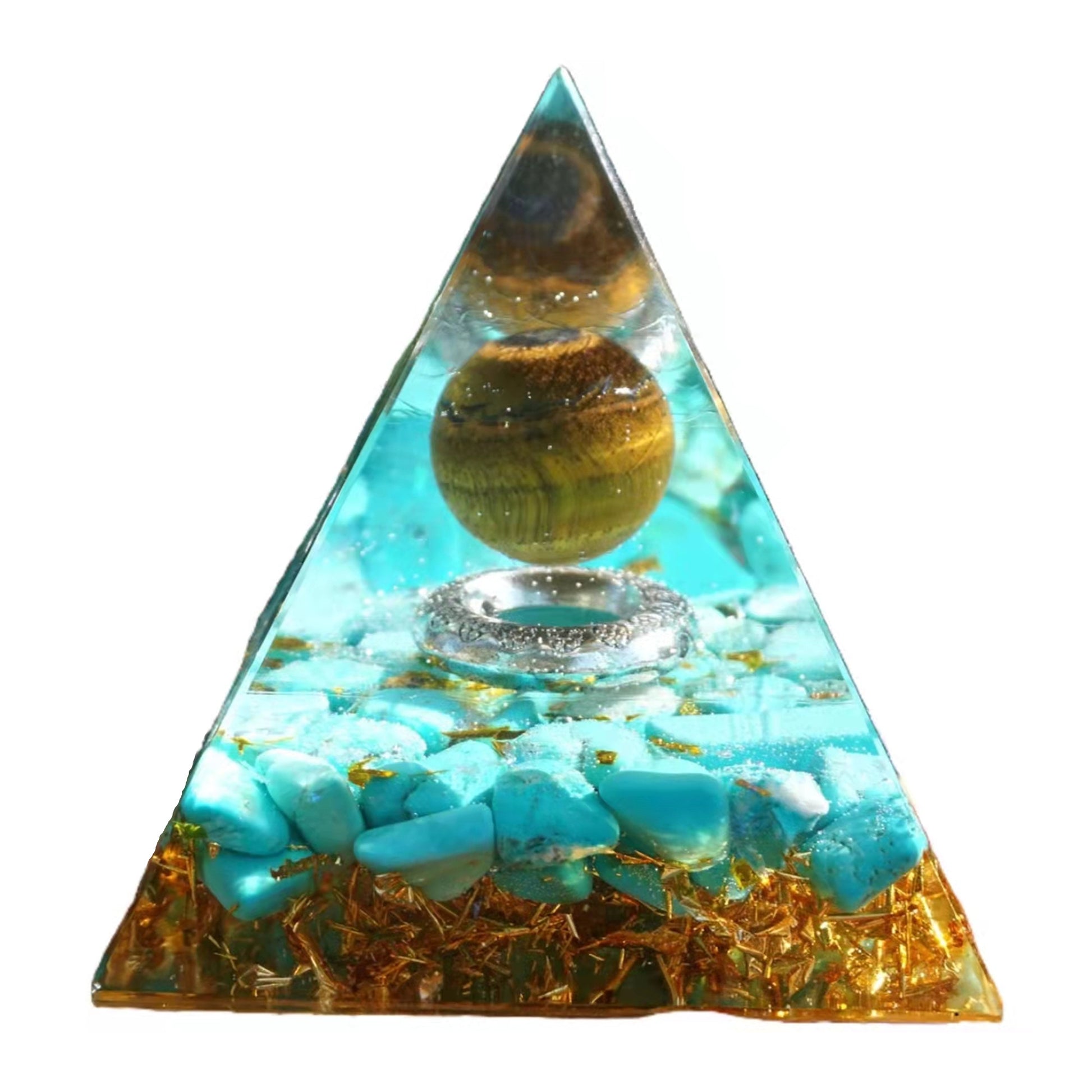 Tiger Eye Sphere Orgone Pyramid with Turquoise Crystal Energy Healing Reiki Chakra Orgonite Pyramide - Besorgone