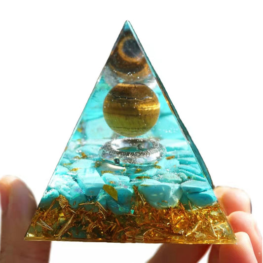 Tiger Eye Sphere Orgone Pyramid with Turquoise Crystal Energy Healing Reiki Chakra Orgonite Pyramide - Besorgone