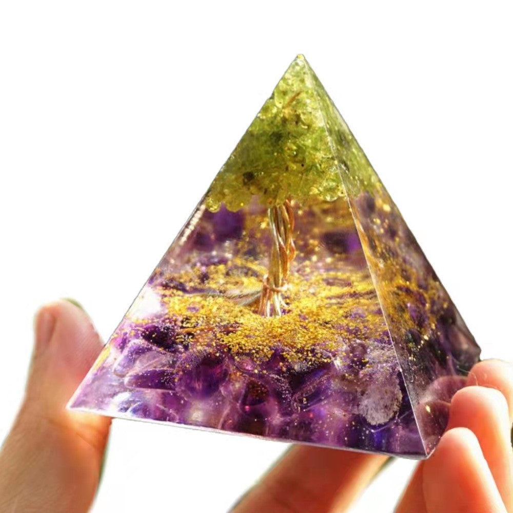 Peridot Tree of Life Orgonite Pyramid with Amethyst Crystal Healing Orgone Pyramide - Besorgone