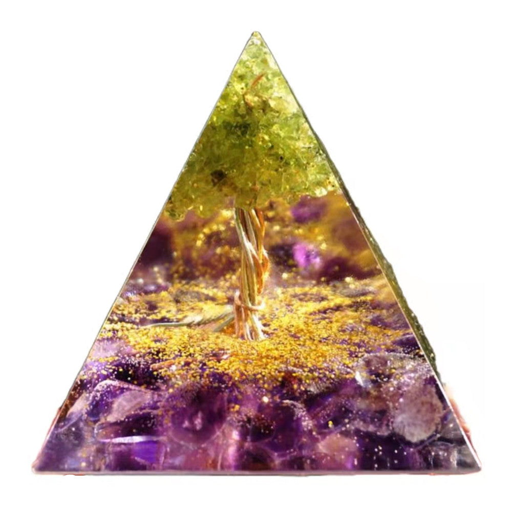 Peridot Tree of Life Orgonite Pyramid with Amethyst Crystal Healing Orgone Pyramide - Besorgone