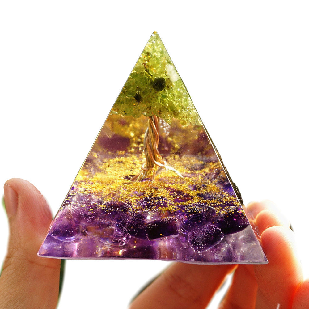 Peridot Tree of Life Orgonite Pyramid with Amethyst Crystal Healing Orgone Pyramide - Besorgone