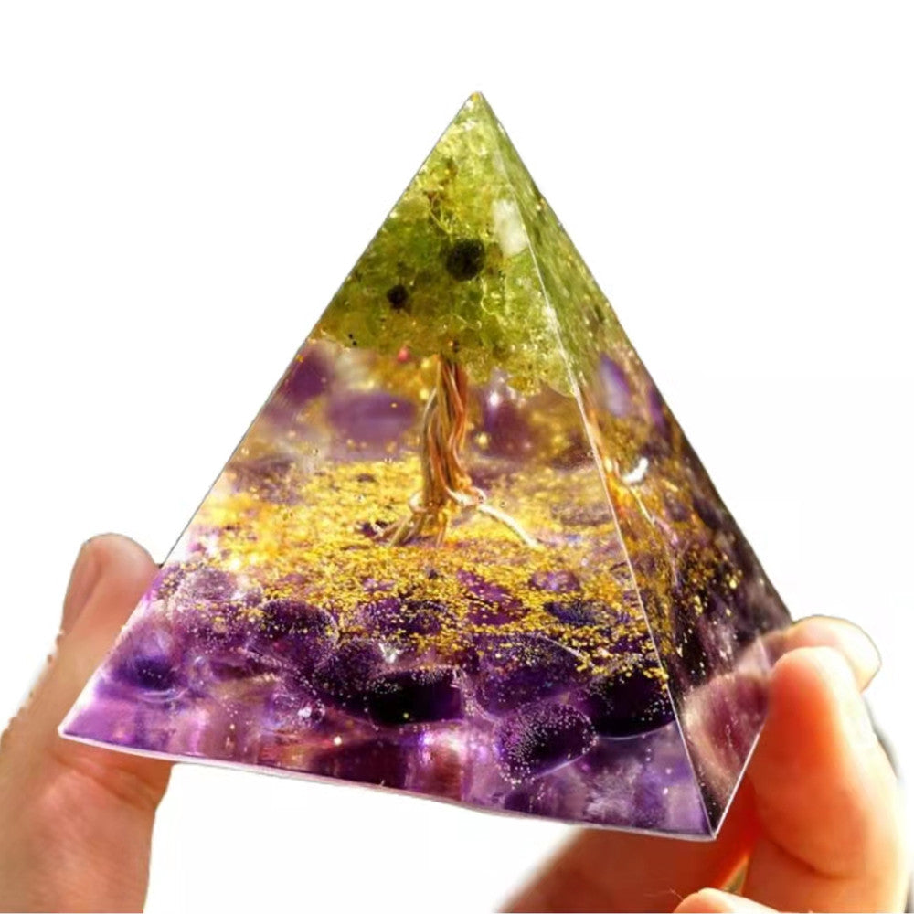 Peridot Tree of Life Orgonite Pyramid with Amethyst Crystal Healing Orgone Pyramide - Besorgone