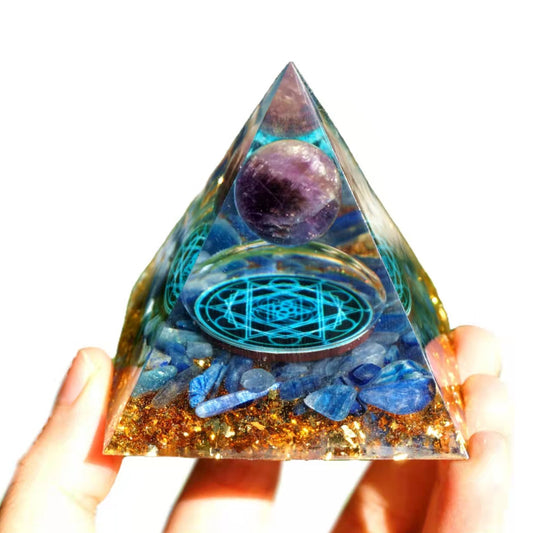 Amethyst Crystal Sphere Orgonite Pyramid with Kyanite Stone Reiki Chakra Energy Orgone Collection