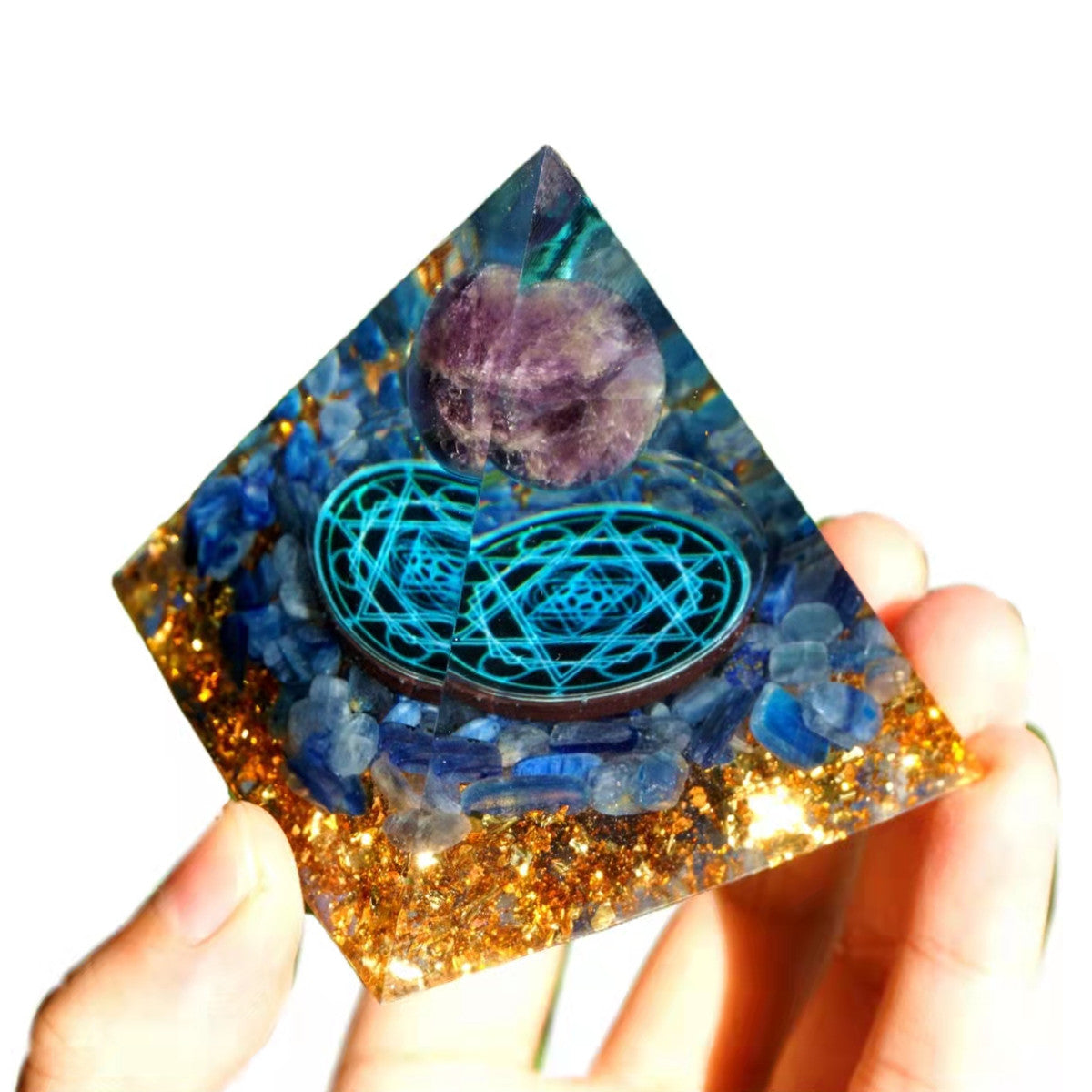 Amethyst Crystal Sphere Orgonite Pyramid with Kyanite Stone Reiki Chakra Energy Orgone Collection