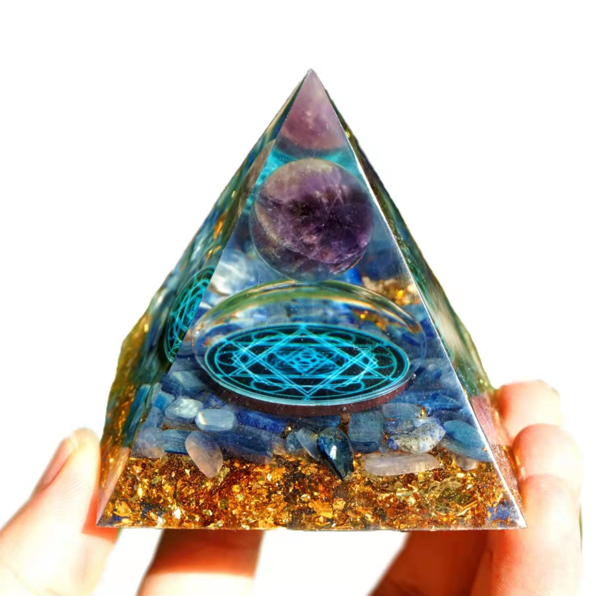 Amethyst Crystal Sphere Orgonite Pyramid with Kyanite Stone Reiki Chakra Energy Orgone Collection