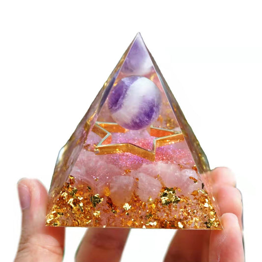 Amethyst Crystal Sphere Orgonite Pyramid with Rose Quartz Healing Energy Orgone