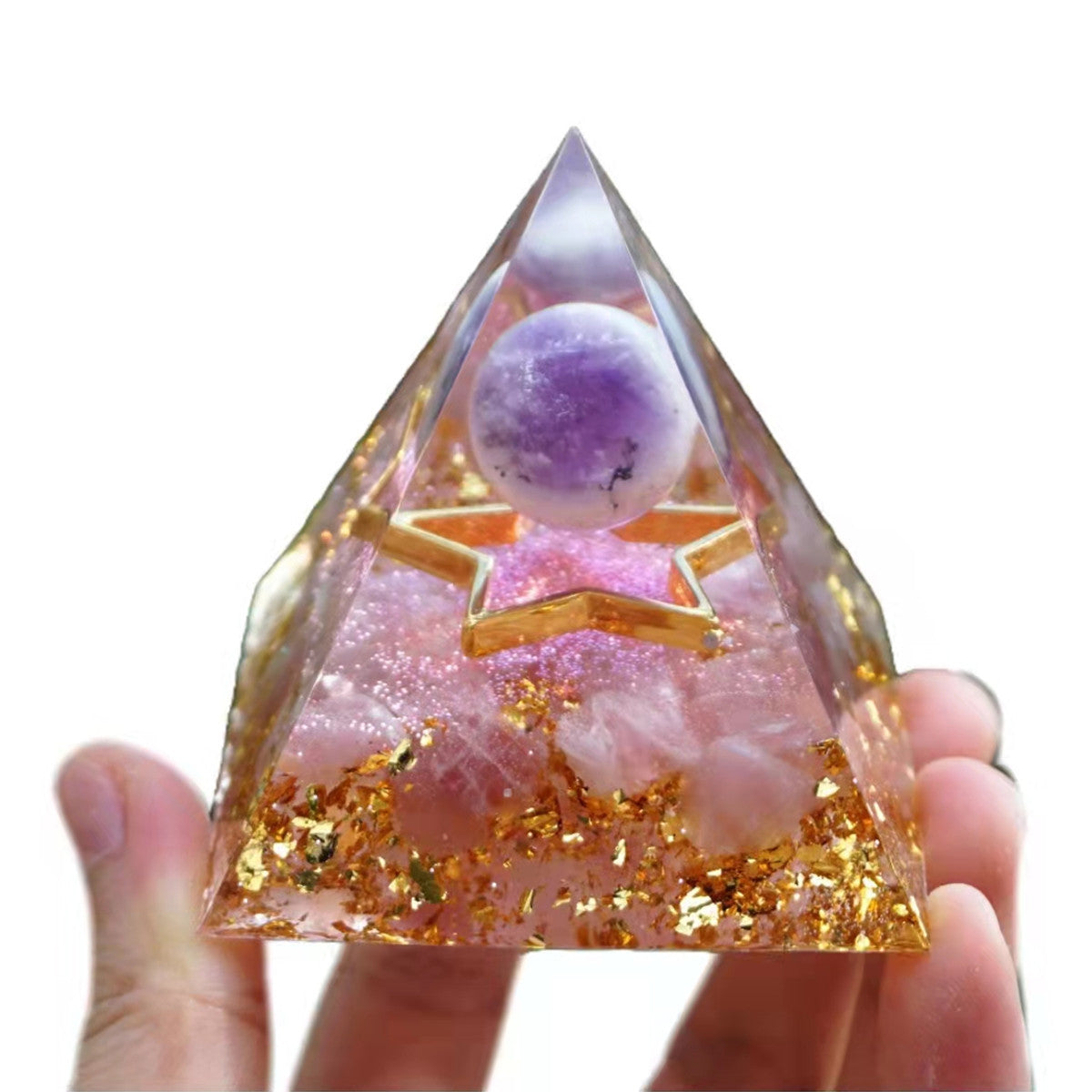 Amethyst Crystal Sphere Orgonite Pyramid with Rose Quartz Healing Energy Orgone