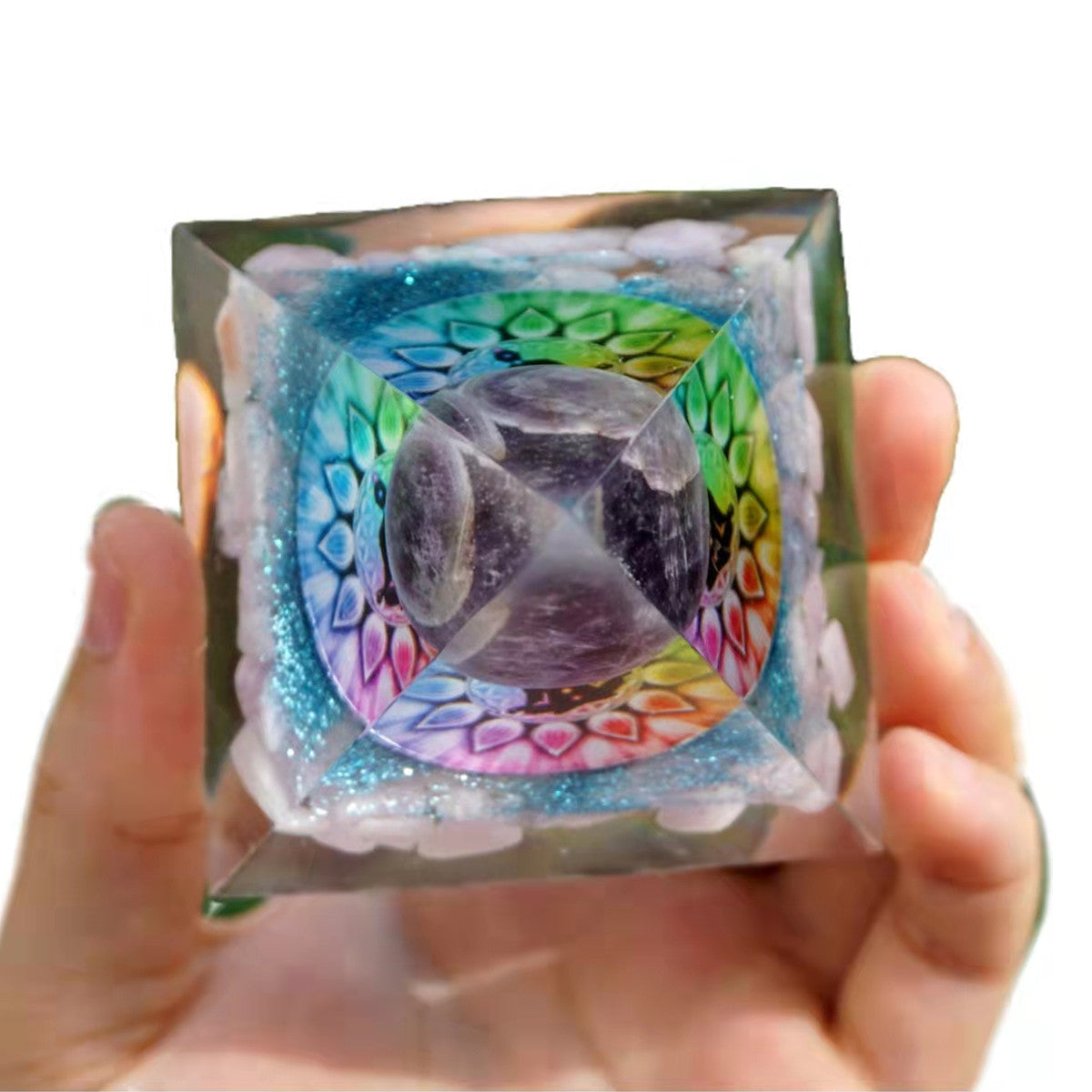 Amethyst Crystal Sphere Orgonite Pyramid with Kunzite Stone Reiki Energy Chakra Orgone Collection