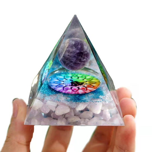 Amethyst Crystal Sphere Orgonite Pyramid with Kunzite Stone Reiki Energy Chakra Orgone Collection