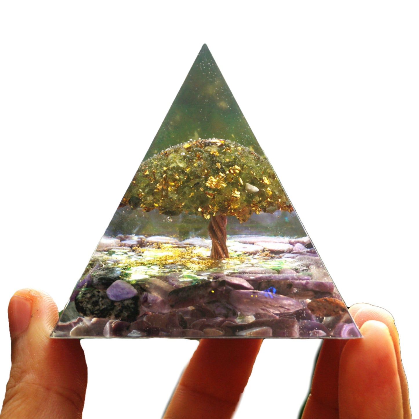 Tree of Life Orgone Pyramid Peridot with Charoite Crystal Stones EMF Healing Orgonite Pyramide