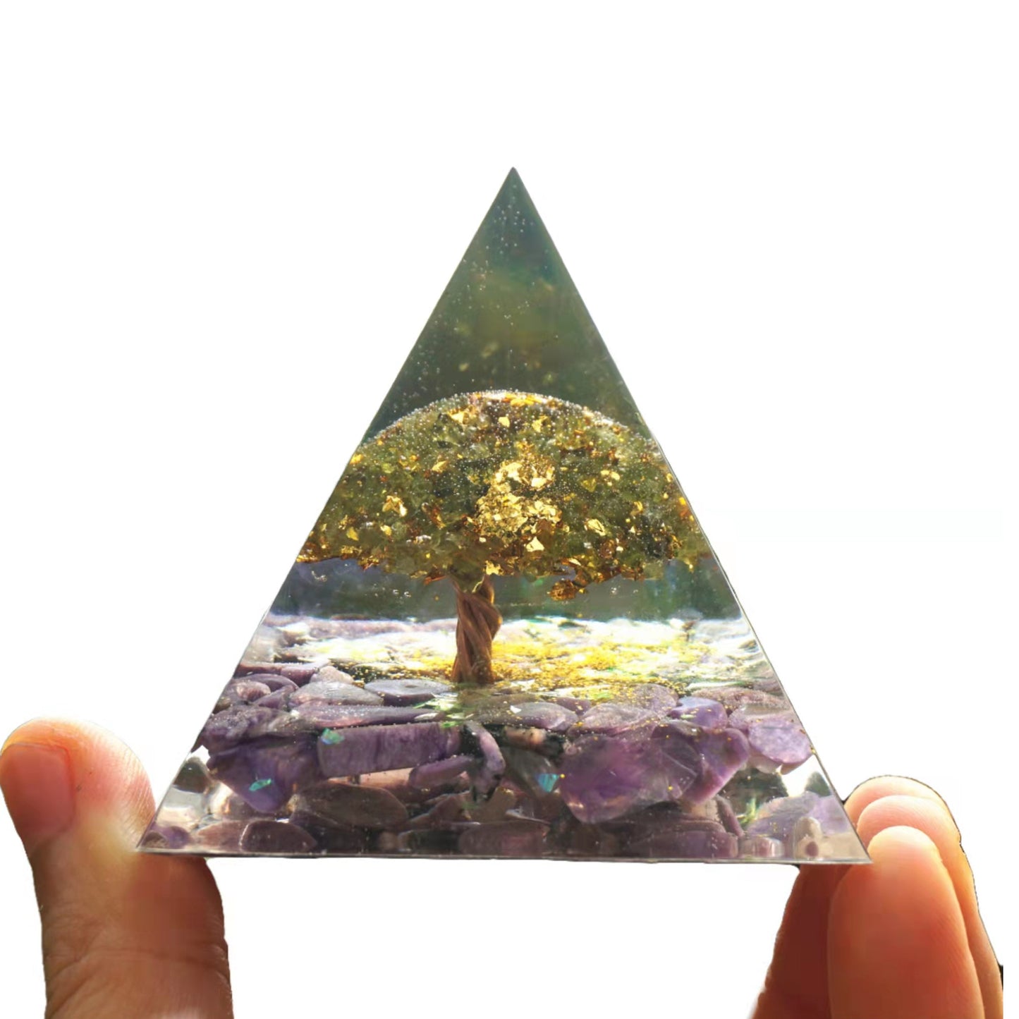 Tree of Life Orgone Pyramid Peridot with Charoite Crystal Stones EMF Healing Orgonite Pyramide