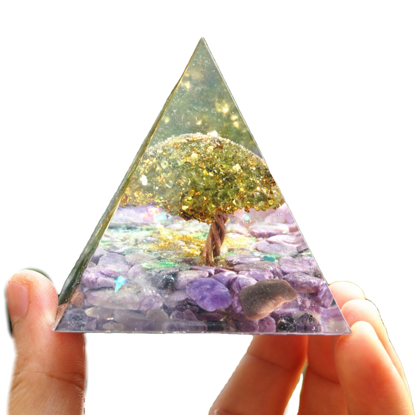 Tree of Life Orgone Pyramid Peridot with Charoite Crystal Stones EMF Healing Orgonite Pyramide