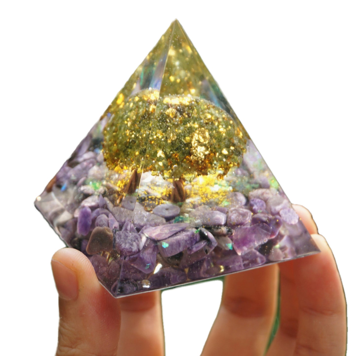 Tree of Life Orgone Pyramid Peridot with Charoite Crystal Stones EMF Healing Orgonite Pyramide