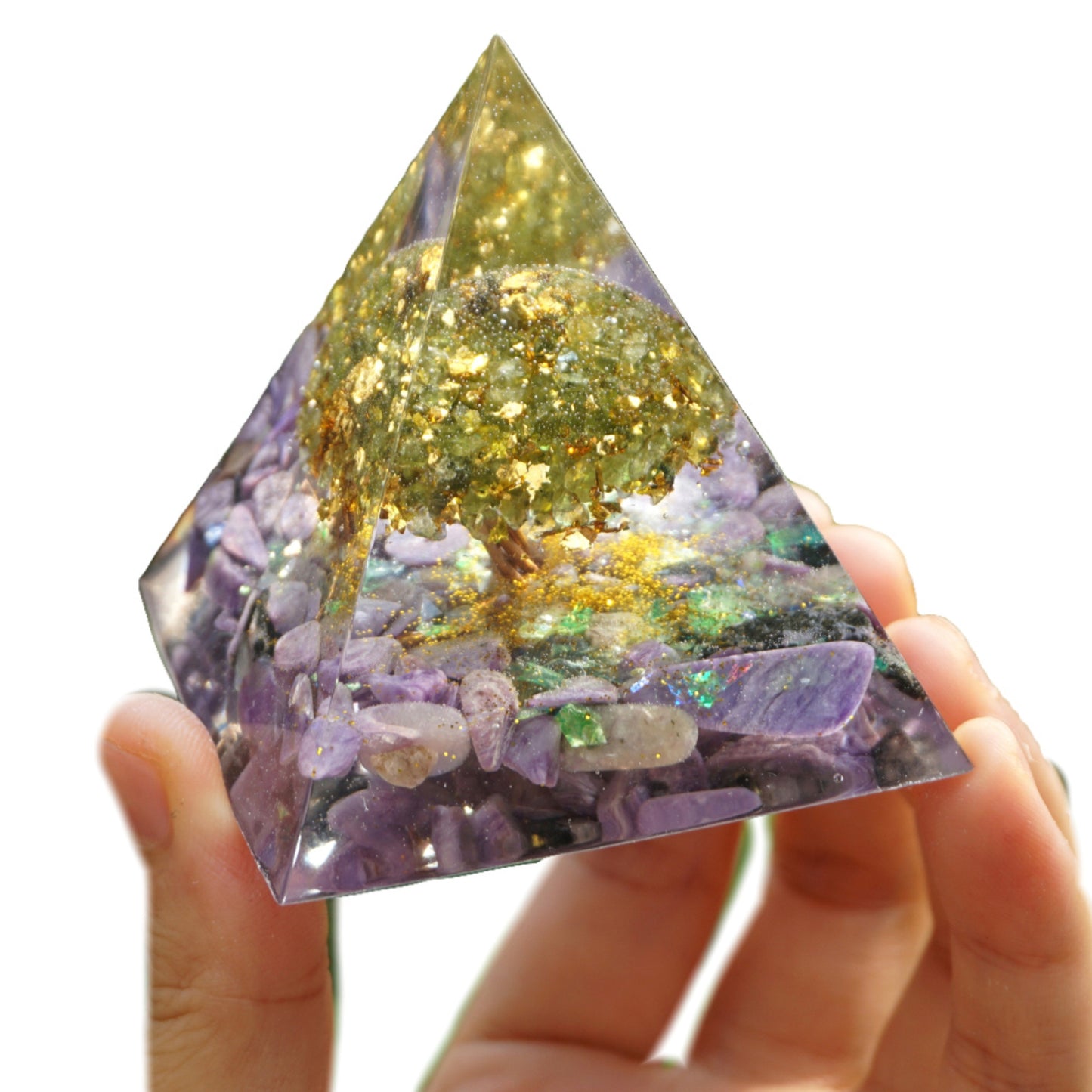 Tree of Life Orgone Pyramid Peridot with Charoite Crystal Stones EMF Healing Orgonite Pyramide