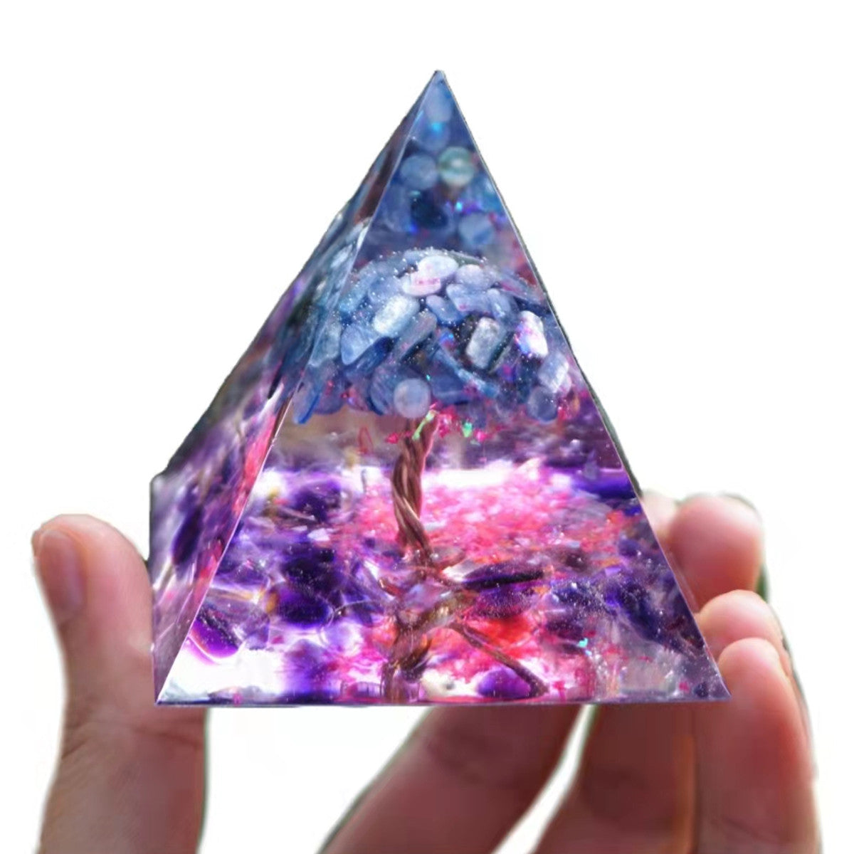 Amethyst Crystal Tree of Life Orgonite Pyramid with Kyanite Stone Reiki Energy Orgone