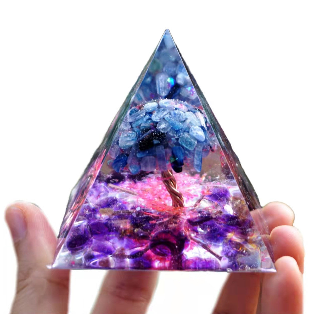 Amethyst Crystal Tree of Life Orgonite Pyramid with Kyanite Stone Reiki Energy Orgone