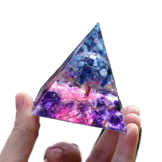 Amethyst Crystal Tree of Life Orgonite Pyramid with Kyanite Stone Reiki Energy Orgone