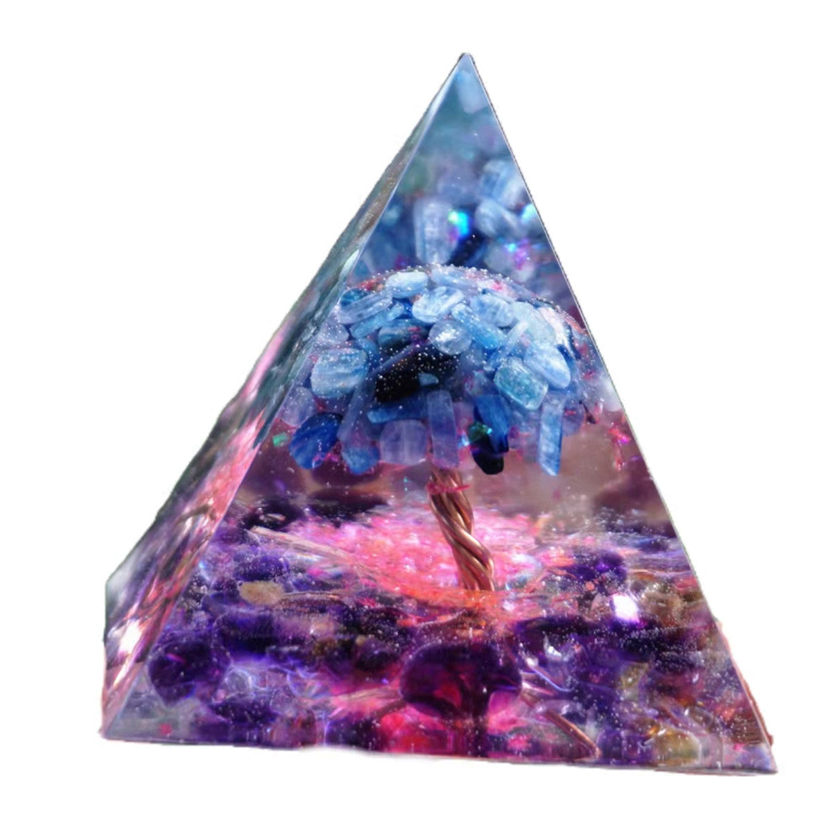 Amethyst Crystal Tree of Life Orgonite Pyramid with Kyanite Stone Reiki Energy Orgone