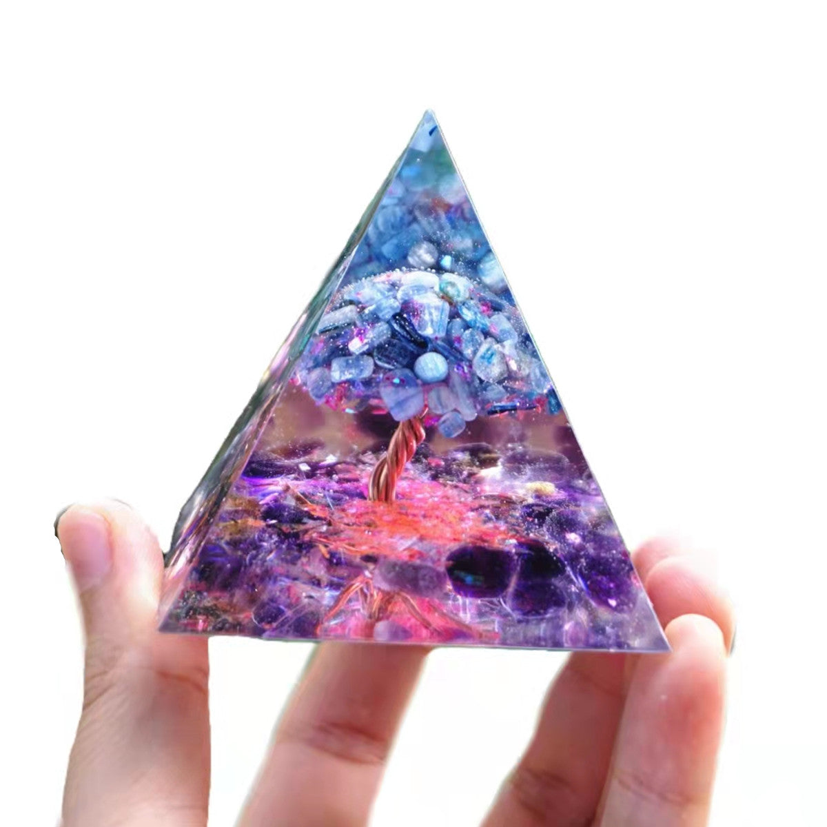 Amethyst Crystal Tree of Life Orgonite Pyramid with Kyanite Stone Reiki Energy Orgone