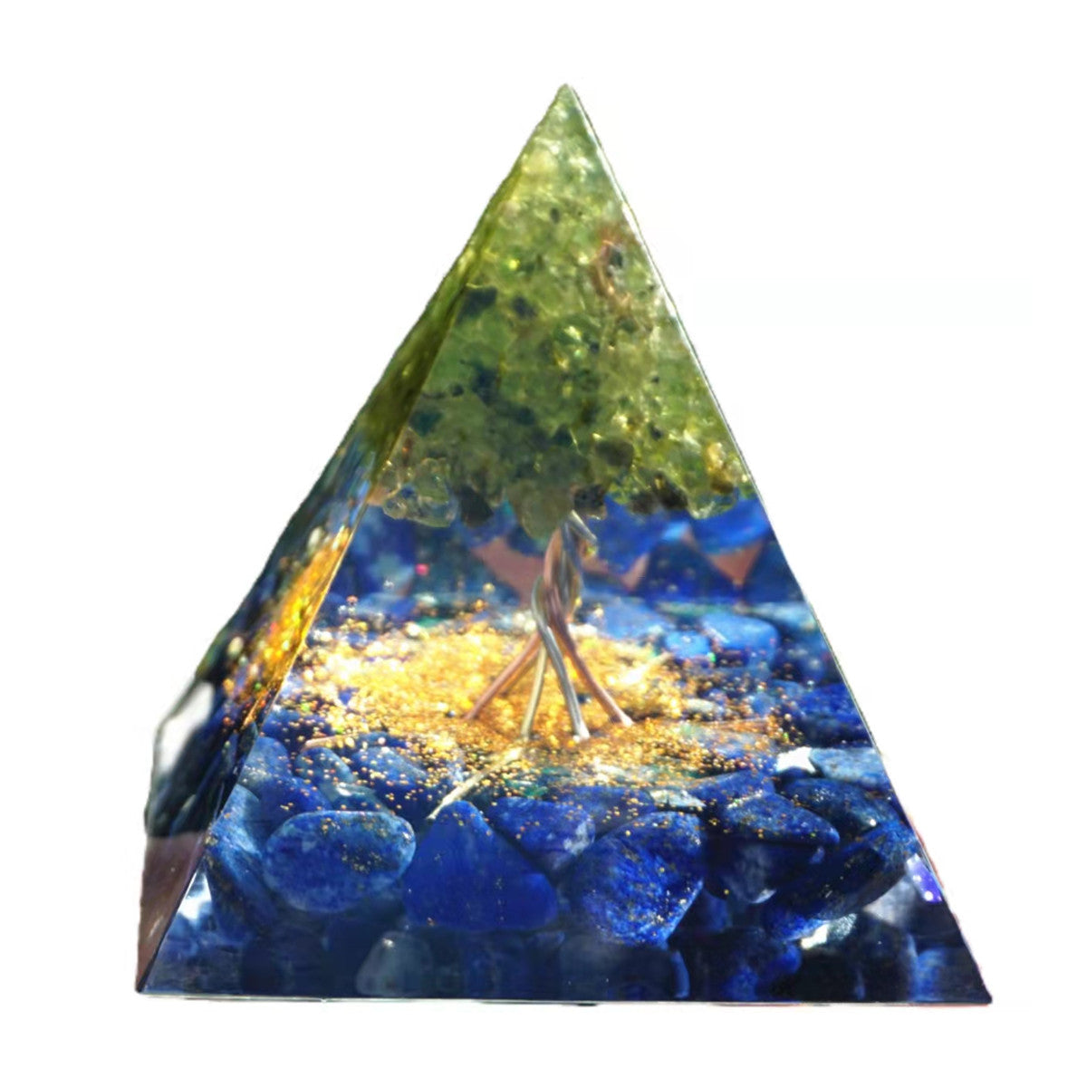 Peridot Tree of Life Orgonite Pyramid with Lapis Lazuli Crystal Healing Reiki Energy Orgone Collection