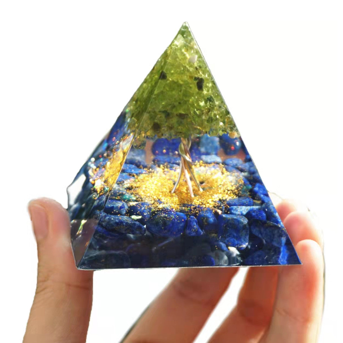 Peridot Tree of Life Orgonite Pyramid with Lapis Lazuli Crystal Healing Reiki Energy Orgone Collection