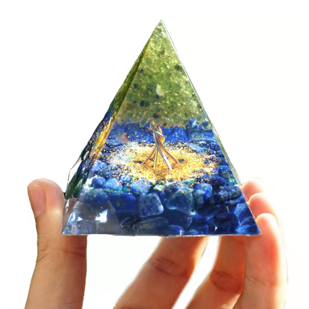 Peridot Tree of Life Orgonite Pyramid with Lapis Lazuli Crystal Healing Reiki Energy Orgone Collection